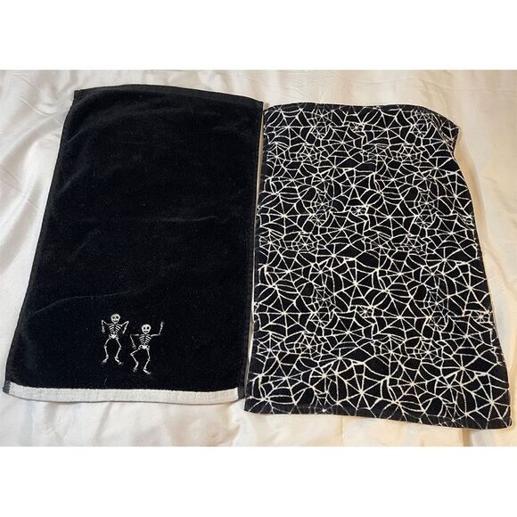 Halloween Skeleton & Spiderweb Dish Towel Set | Spooky Goth Kitchen Decor - Picture 1 of 7